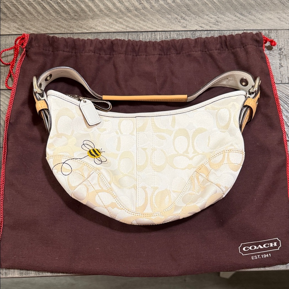 Coach White and Tan Shoulder Bag with Bee Detail